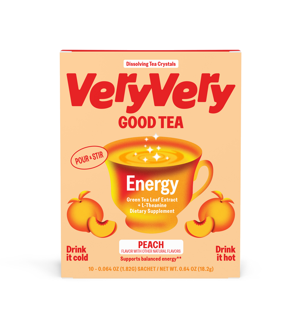A box of VeryVery Good Energy, Sweet Peach, ten packets