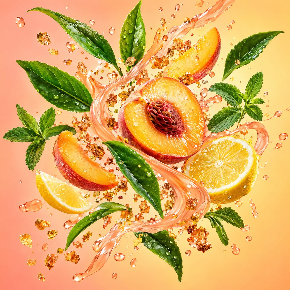 Green tea leaves, ripe peach, lemon, stevia leaves and tea crystals bursting in a swirl of peach tea