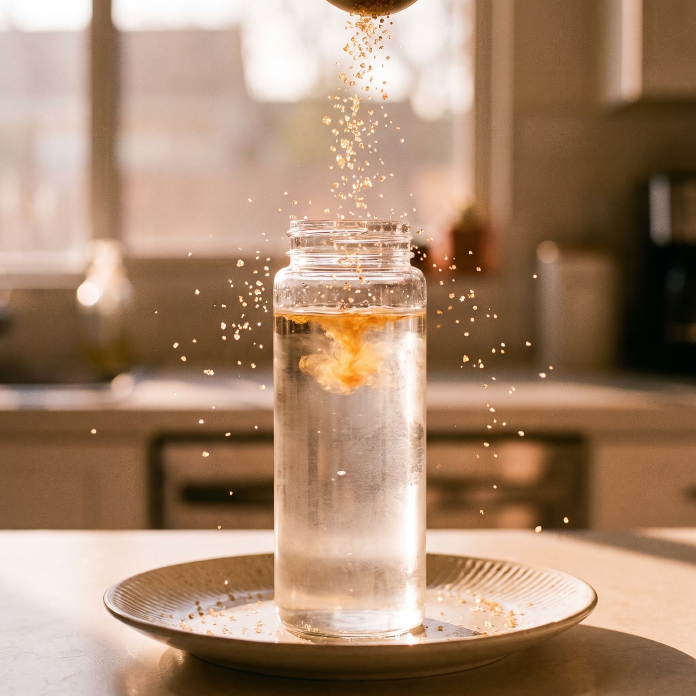 Crystals falling into a bottle of water