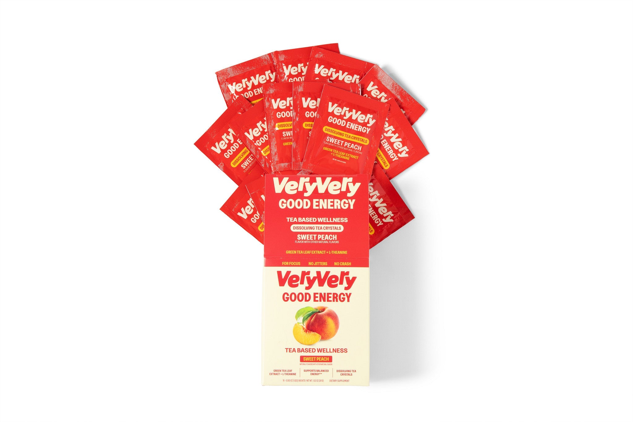 Peach | Energizing Tea 16-pack — Box with sachets showing contents