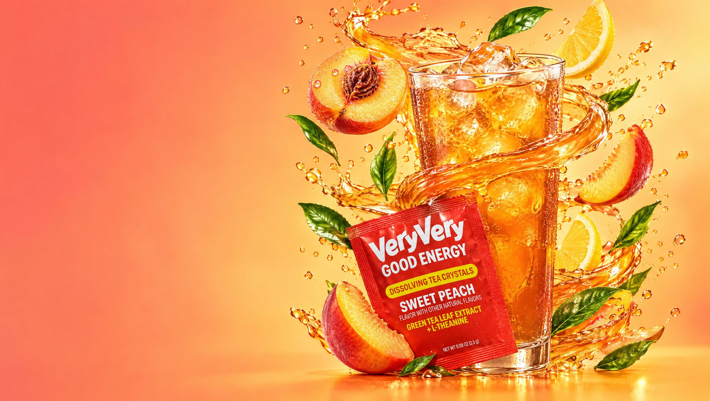 A glass of VeryVery Sweet Peach energy tea with a swirl of tea, fresh peaches, lemon and green tea leaves, and a VeryVery Good Energy packet