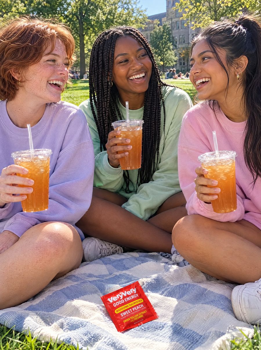 Three friends on a campus lawn laughing with cups of peach tea