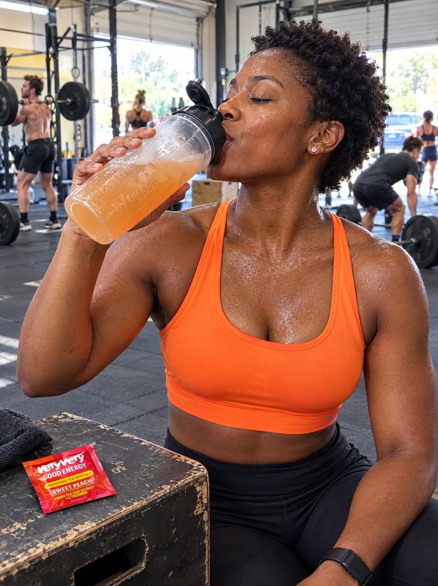 A woman drinking peach tea between sets at a busy gym