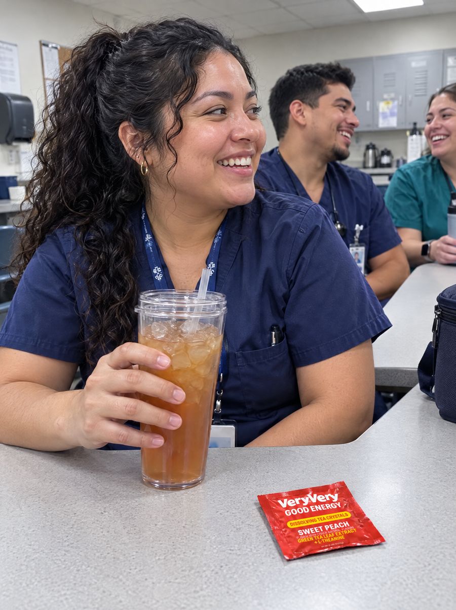 A nurse on her break with coworkers, holding a cup of peach tea