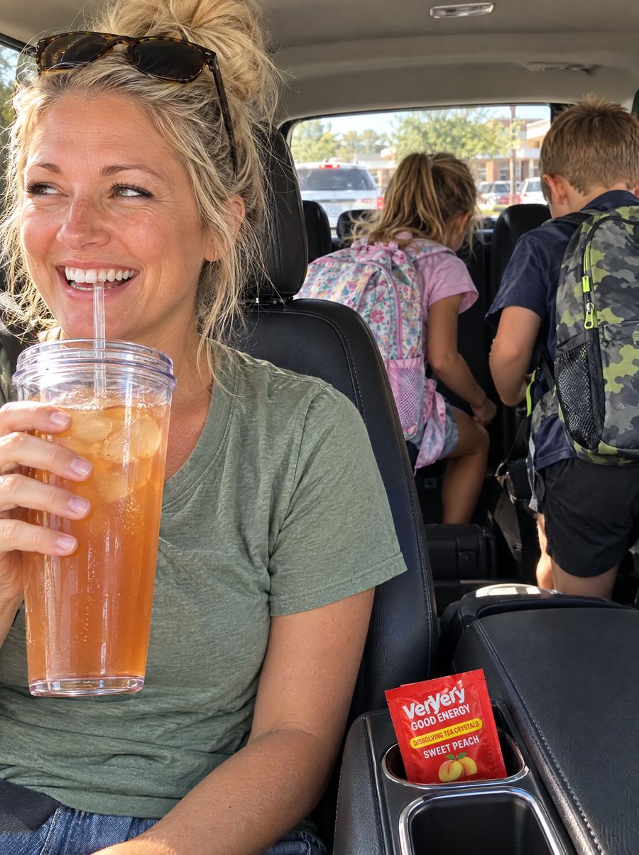 A mom sipping a big cup of peach tea in the school pickup line while her kids climb in