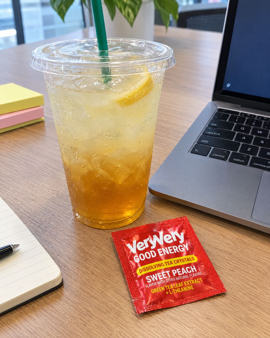 A two-tone cup of tea and lemonade on a desk
