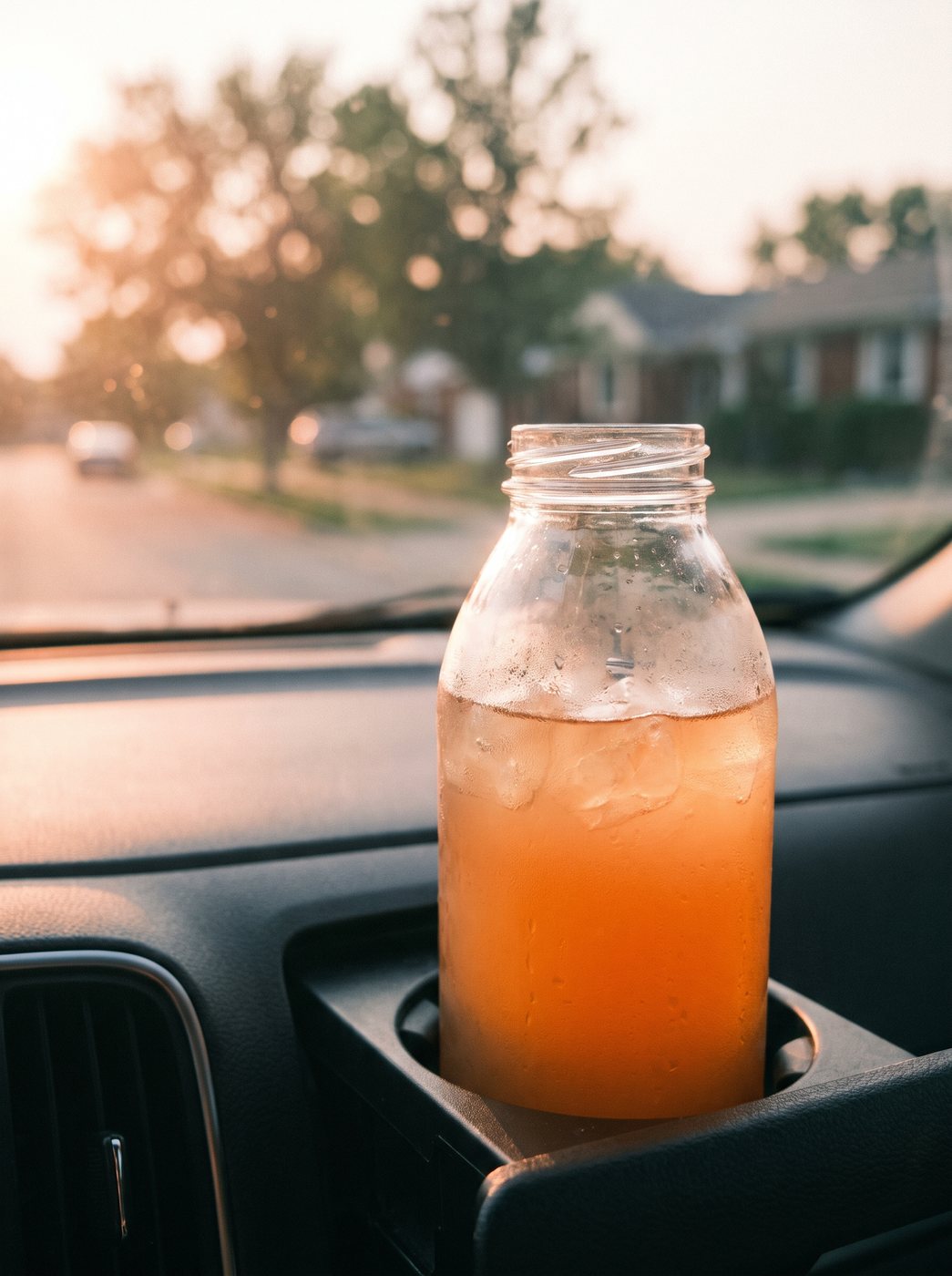A bottle in a car cupholder