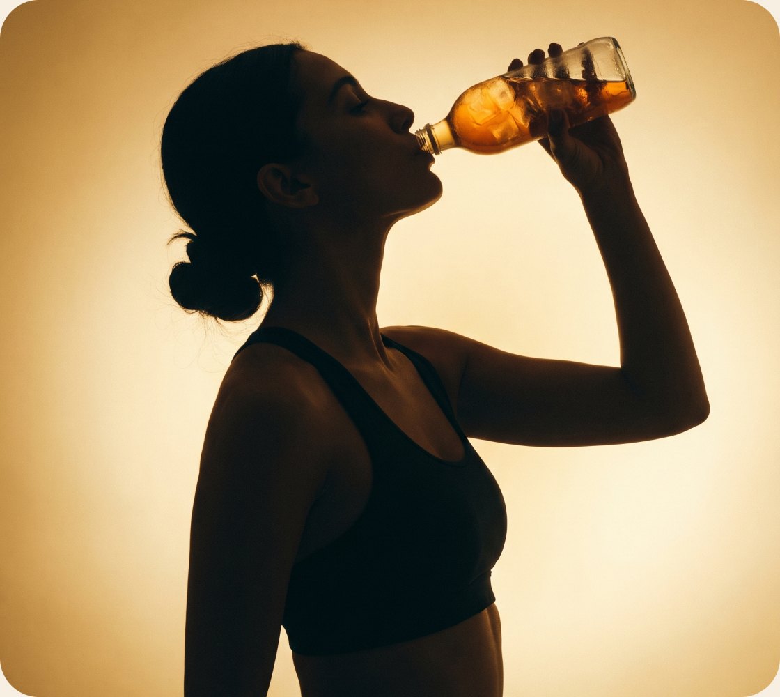 A woman drinking from a bottle of peach iced tea, backlit