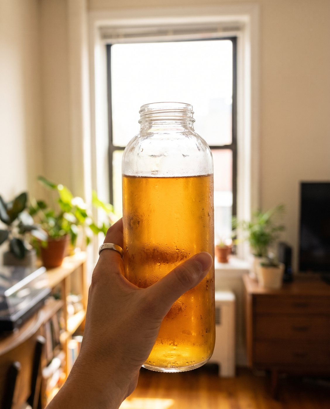 A customer holding a bottle of peach iced tea up to the window