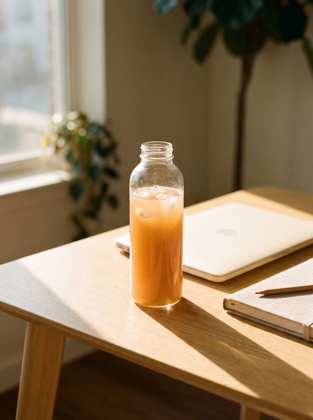 A bottle of peach iced tea on a desk in afternoon light