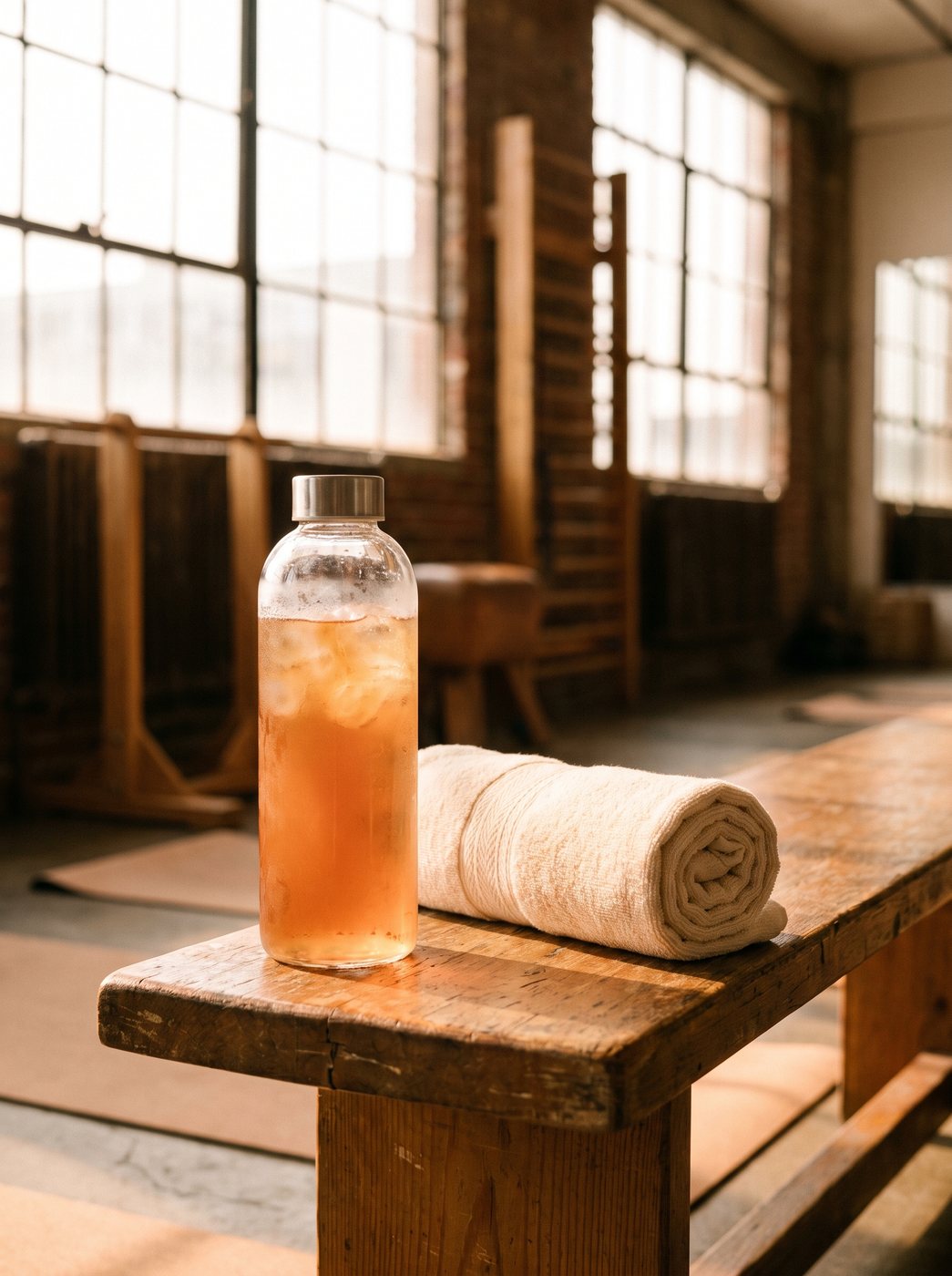 A bottle on a gym bench beside a towel