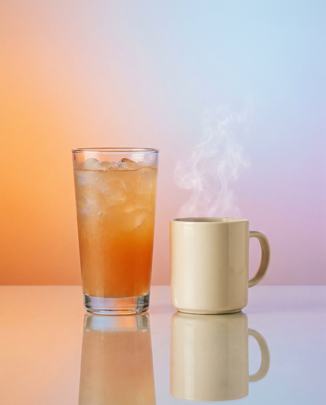 A glass of iced peach tea beside a steaming mug of the same drink