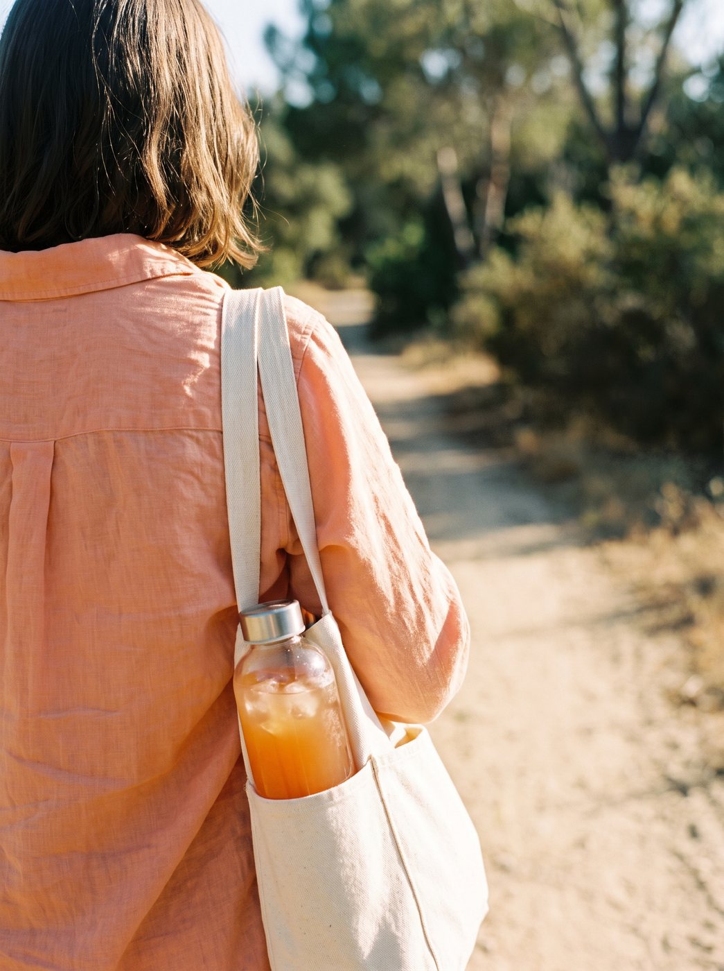 A bottle tucked into a canvas tote